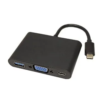 Datový kabel USB/Video převodník + HUB, DP Alt Mode, USB C samec - VGA (D-sub) samice + USB C samice (PD) + USB A sam, černý, plastic bag 2560x