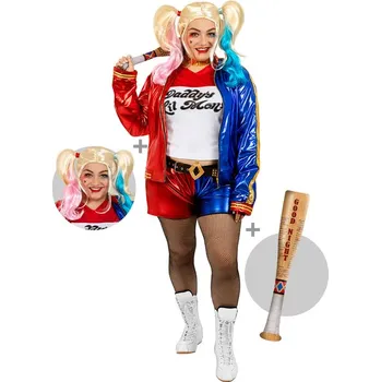 Funiglobal - Plus size kostým Harley Quinn s parukou a nafukovací pálkou pro - XL