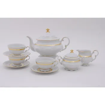 Čajovna Sonáta,Čajová souprava 15-ti dílná bílá, vzor Zlatý cop, Leander