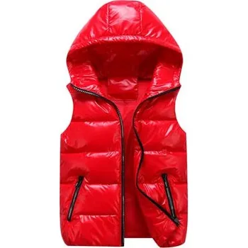 Dámská vesta Zimní vesta péřová z lesklého materiálu s prošíváním a kapucí Barva: Červená, Velikost: XL