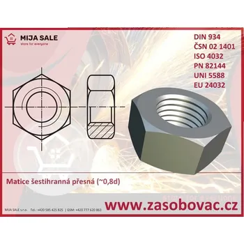 Matice DIN 934 8.8 - M 6 - LEVÁ - zinek bílý - Matice šestihranná přesná (~0,8d)