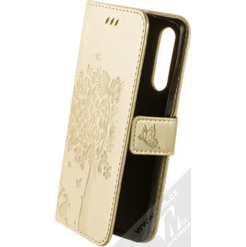 Pouzdro na mobilní telefon 1Mcz GlypticaT Rozkvetlý strom a kočka 1 Book flipové pouzdro pro Huawei P30 zlatá (gold)