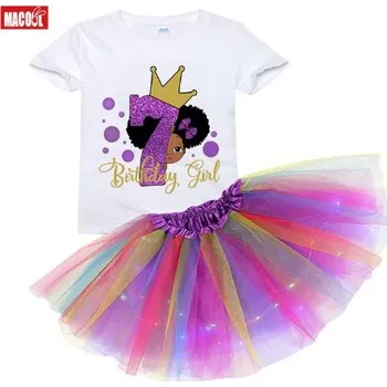 Dívčí sukně Čína Dívčí narozeninový set trika a svítící tutu sukně - 7 let Barva: Fialová, Velikost: 110 triko + uni sukně