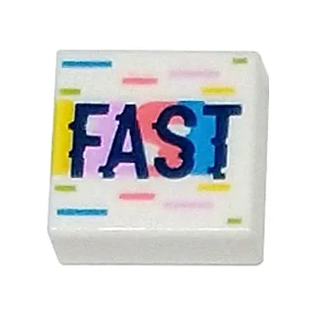 Stavebnice LEGO 3070bpb249 White Tile 1 x 1 with Groove with Dark Blue 'FAST' (Bílá dlaždice 1 x 1 s drážkou s tmavě modrým nápisem 'FAST')