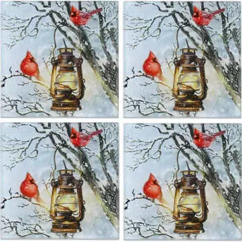 Podtácek Carmani® Carmani - Skleněné prostírání pod hrnečky, Ptáčci s lucernou 4 ks - 10,5*10,5 cm