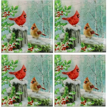 Podtácek Carmani® Carmani - Skleněné prostírání pod hrnečky, Ptáčci v zimě 4 ks - 10,5*10,5 cm