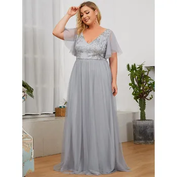 Dámské šaty Společenské šaty s tylovými rukávy - šedé PLUS SIZE Barva: Šedá, Velikost: 4XL