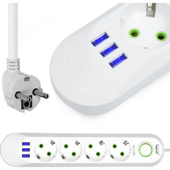 Prodlužovací kabel Prodlužovací kabel 3m, 4 zásuvky + 3x USB, bílá