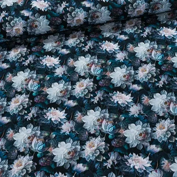 Bavlněný úplet TEPLÁKOVINA DIGÁLNÍ TISK 6-18523, květy na modré, š.140cm (látka v metráži)