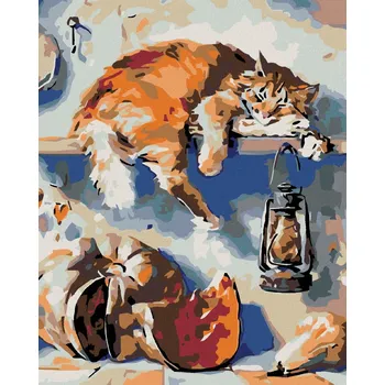 Diamondi Diamantové malování - SPÍCÍ KOCOUR NA POLIČCE VE SPÍŽI Rozměr: 40x50 cm, Rámování: bez rámu a bez vypnutí plátna