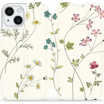 Pouzdro na mobilní telefon Flipové pouzdro Mobiwear - Apple iPhone 15 - MD03S Tenké rostlinky s květy (Knížkové flip pouzdro, obal, kryt na mobil Apple iPhone 15 - MD03S Tenké rostlinky s květy, materiál Umělá kůže + TPU - ochrana 360°, stojánek, silikonová vanička, magnetické)