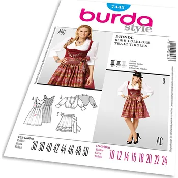 Střih Burda 7443 - Krojové šaty, krojová zástěrka, krojová halenka