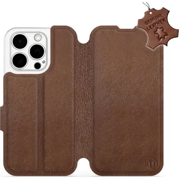 Pouzdro na mobilní telefon Kožené flip pouzdro Mobiwear - Apple iPhone 15 Pro - Hnědé (Kožené knížkové pouzdro, obal, kryt na mobil Apple iPhone 15 Pro, Hnědé, materiál Genuine Leather, ochrana 360°, stojánek, silikonová vanička, magnetické zavírání)