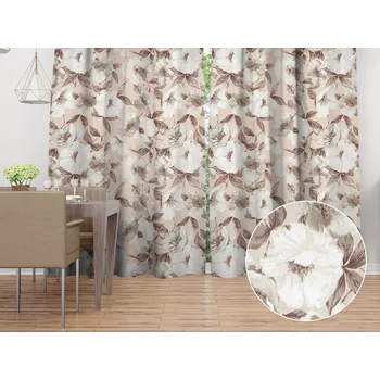 ubrus Dekorační závěs Porto PRT-011 Hnědo-bílé květy na béžovém 130x160 cm