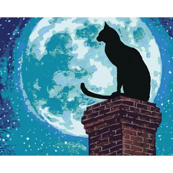 Diamondi Diamantové malování - KOČKA NA KOMÍNU A ÚPLNĚK Rozměr: 40x50 cm, Rámování: bez rámu a bez vypnutí plátna