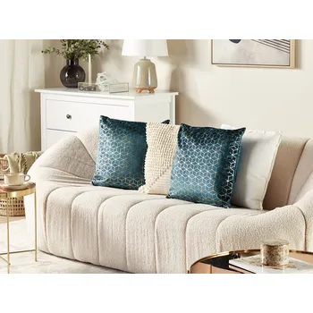 Dekorativní polštářek Sada 2 dekorativních polštářů tmavomodré sametové geometrické vzory 45 x 45 cm kostky s výplní Beliani