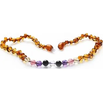 Náhrdelník Jantarové korálky pro děti leštěné v barvě koňaku s mixem polodrahokamů délka cca 32 cm