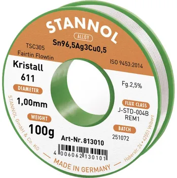 Příslušenství ke svářečce Stannol Kristall 611 Fairtin bezolovnatý pájecí cín bez olova Sn96,5Ag3Cu0,5 REM1 100 g 1 mm