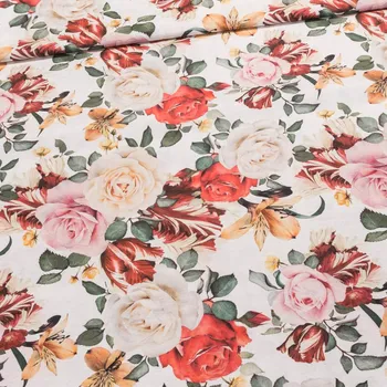 Směsové plátno 2023-11 velké růže a tulipány na režné, š.140cm (látka v metráži)