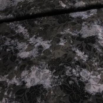 Polyesterový úplet N6091 květinový vzor na černé se stříbrnými fleky, š.150cm (látka v metráži)