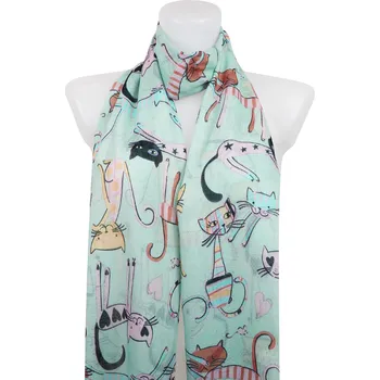 Šátek Dámský lehký obdélníkový šál s kočkami 378-5 - mentolově zelené barvy 7200607-7