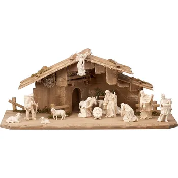 Vánoční dekorace Ornatis Sestava betlému Marie V - 13 postav Provedení: Přírodní bez malování, Velikost stojících figur dospělých postav: 8 cm, Rozměr chlévu: 50 x 23 x 20 cm (š x h x v) - vhodné pro sošky 8 cm