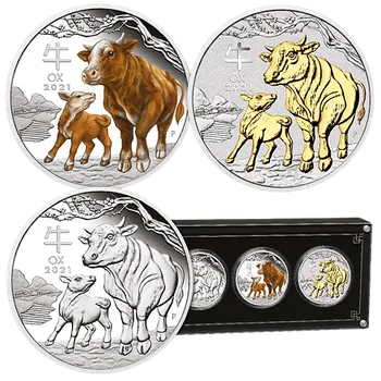 Lunární série III. - sada 3 x 1 Oz stříbrných mincí Year of the Ox (Rok buvola) 2021 (PROOF, Color PROOF, Gilded)