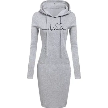 Dámský svetr Pohodlné dámské mikinové šaty s potiskem a kapucí Barva: Šedá, Velikost: XXXL
