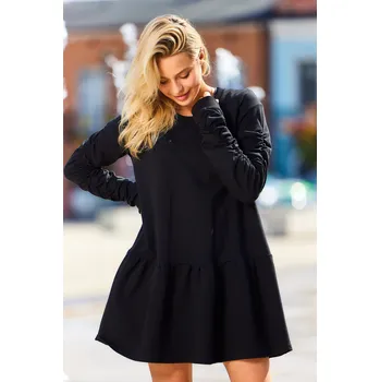 Dámské šaty Volné šaty s volánem a ozdobně nabíranými rukávy M314 Barva: Černá, Velikost: S