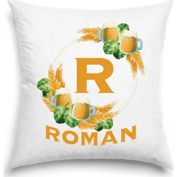 Dekorativní polštářek Polštář - Pivní věnec s monogramem a jménem Roman