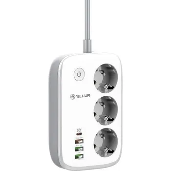 Elektrická zásuvka Tellur WiFi Smart Power Strip, 3x zásuvka, 2x USB 2.4A, 1x USB QC18W, 1x USB-C PD30W, 2m, bílá