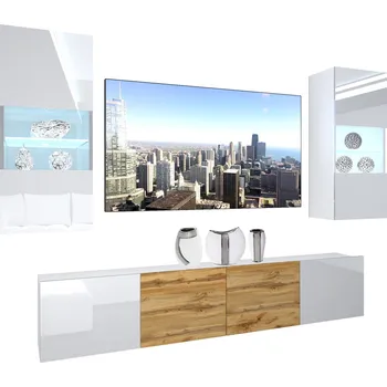 Obývací stěna Obývací stěna Belini Premium Full Version bílý lesk / dub wotan + LED osvětlení Nexum 105 NEX 7/0/W/WWDW/0/0/ PP