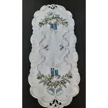 Vánoční dekorace UBRUS vyšívaný 90 x 40 vánoční bílý modrá svíčka