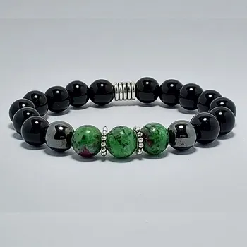 Náramek Pánský náramek z minerálů 10 mm - ciozit s rubínem a onyx