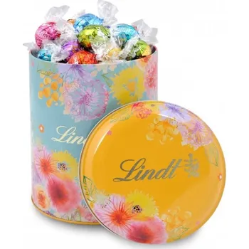 Bonboniéra Pralinky LINDT 1 kg & dárková kovová dóza KVĚTINY - AKCE !!! SUPER CENA !!! (kulatá s víčkem / mix pralinek Lindor 1 kg)