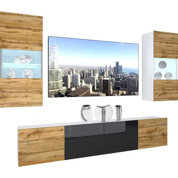 Obývací stěna Obývací stěna Belini Premium Full Version dub wotan / černý lesk + LED osvětlení Nexum 109 NEX 7/0/W/DWDWB/0/0/PP