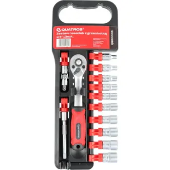 Gola sada Sada nástrčných hlavic 4-13 mm, 1/4" s ráčnou a prodloužením, 13 ks - QUATROS QS50005