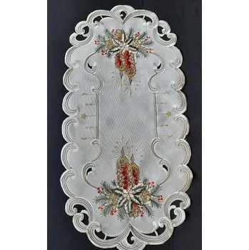 ubrus UBRUS vyšívaný 70 x 35 vánoční šampáňo + červená svíčka