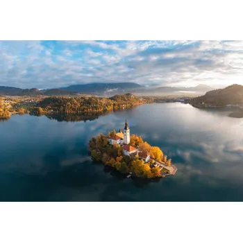Plakát Plakát, Obraz - Aerial view of lake Bled church, Slovenia, Marco Bottigelli