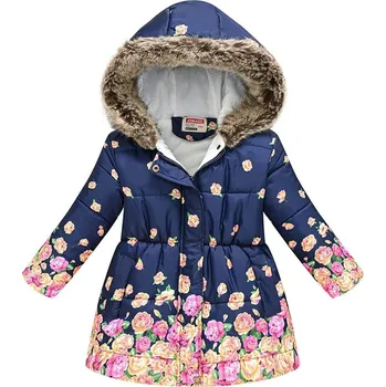 Dívčí bunda Dívčí zimní bunda s kožíškem a moderním potiskem Barva: modrá květiny, Velikost: 110 (3-4 roky)