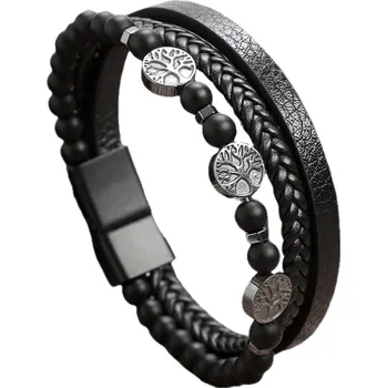 Náramek Joy-sperky Pánský kožený náramek vícevrstvý Life Tree s korálky Onyx Délka: 18,5 cm