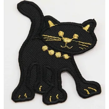 Nažehlovací záplata - černá kočička se zlatými ozdobami, stojící - rozměr 7,5 cm x 7 cm