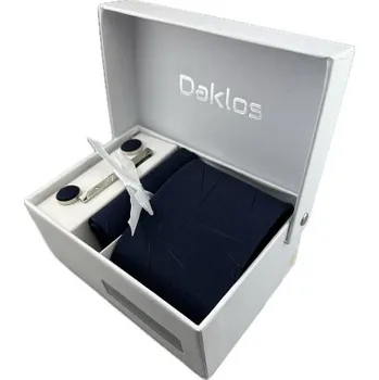 Kravata Luxusní set tmavě modrý s moderním vzorem - Kravata, kapesníček do saka, manžetové knoflíčky, kravatová spona v dárkovém balení