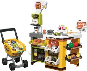 Hra na obchod Dětský Supermarket s lednicí a nákupním košíkem 65 součástí 85 x 51 x 87 cm zelený/žlutý/šedý