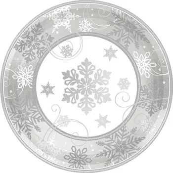 Party nádobí Talíř papírový bílý/šedý/sněhová vločka 18 cm 8 ks