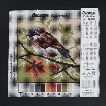 Textilie Předloha vyšívací Ptáček 3 15x15cm (Gobelínové plátno (stramín) s natištěným obrázkem s motivem Ptáček 3. Kreativní předloha od výrobce Orchidea. Bavlněná vyšívací předloha s rozměry 15 x 15 cm. Kód výrobce: 2051.)