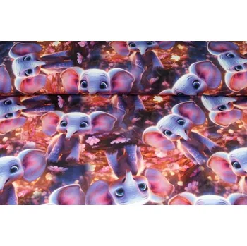 Elastická teplákovina nepočesaná, potištěná, vzor sloni, látky, metráž, šíře 180cm