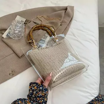 Kabelka Stylová dámská průhledná pletená kabelka - béžový