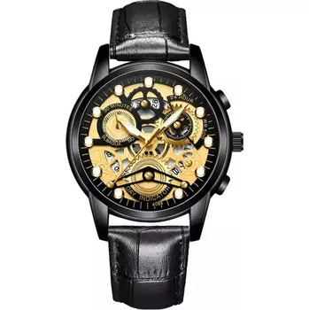 Hodinky Luxusní pánské hodinky s nerezovým páskem - Kůže černé zlato