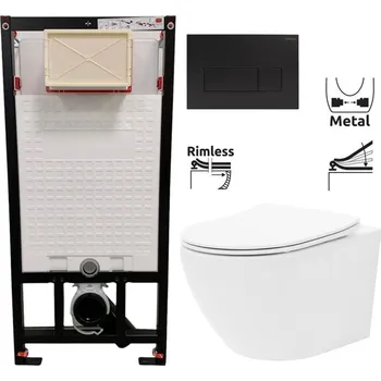 Klozet DEANTE Podomítkový rám, pro závěsné WC mísy + SLIM tlačítko černé + WC REA Carlo Flat Mini Rimless + SEDÁTKO CST_WC01 N51P CF1